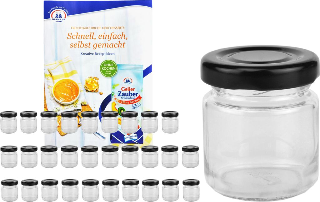 28er Set Sturzglas 53 ml To 43 schwarzer Deckel Vorratsgläser Rundgläser Gläser incl. Rezeptheft