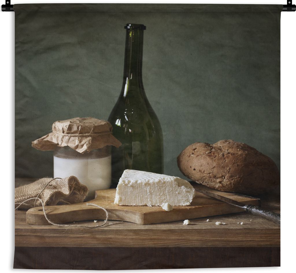 MuchoWow Wandteppich Wandbehang Rustikal - Brie - Stillleben - Flasche - Brot 90x90 cm Tapisserie Dekoration Wandtuch - Wandaufhänger