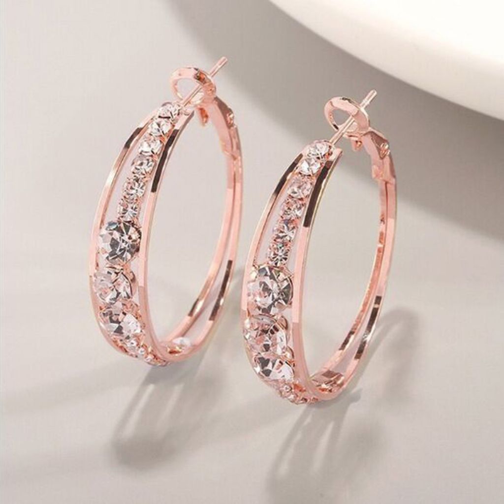 1 Paar Creolen für Damen, gute Verarbeitung, Piercing, Rosegold, eingelegte Strasssteine, Kreis-Ohrclips, Schmuckzubehör