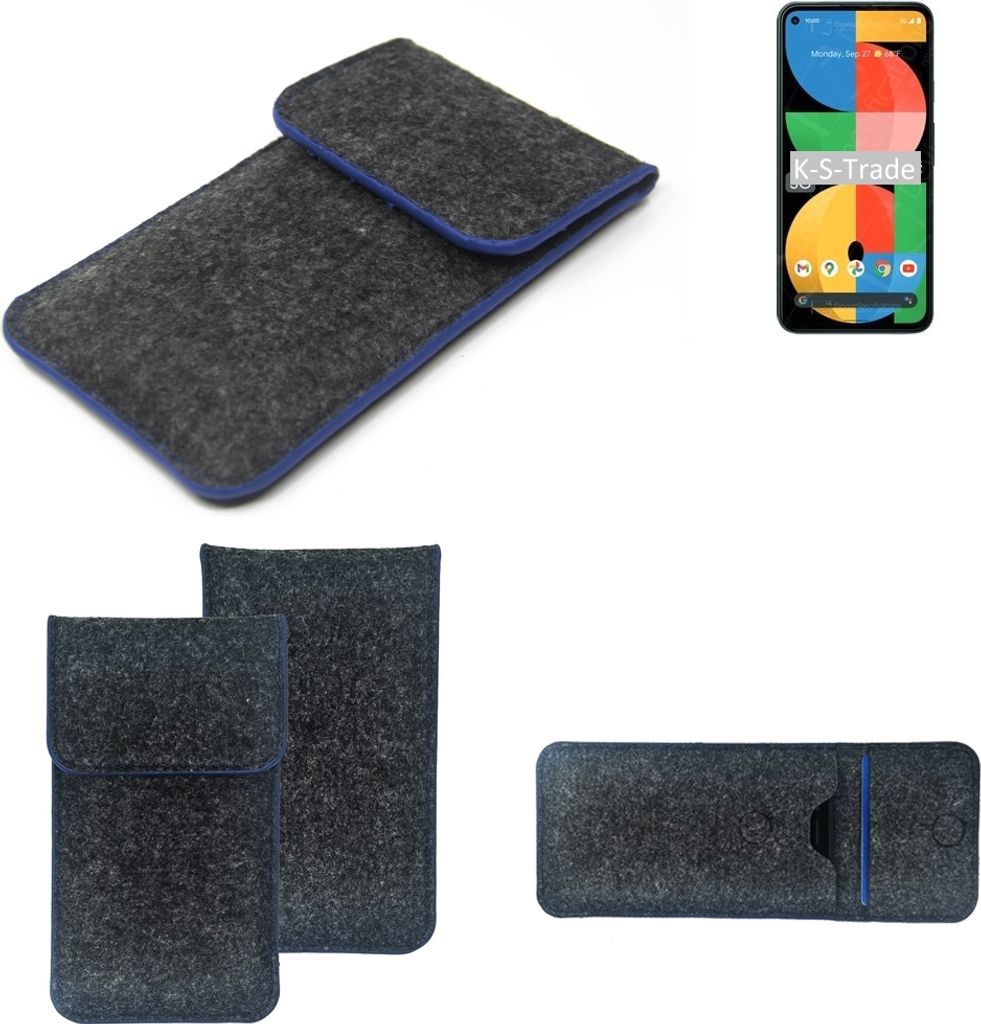 K-S-Trade Handy-Hülle Schutz-Hülle kompatibel mit Google Pixel 5a Filztasche Pouch Tasche Case Sleeve Filzhülle dunkelgrau, blauer Rand