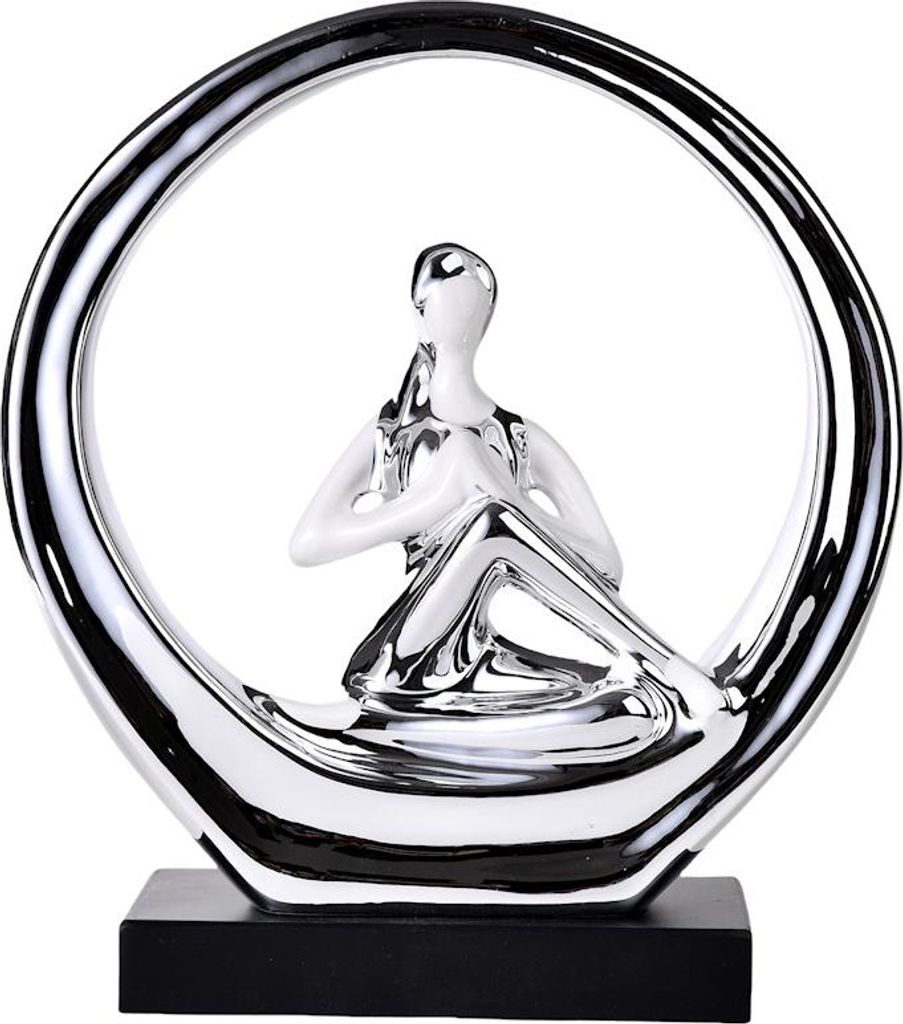 Yoga Figur Frau aus Polyresin – Skulptur in runder Rahmenform, silberfarben, 24,5 x 8,8 x 27 cm – Meditations-Deko für Wohnzimmer, Schlafzimme...