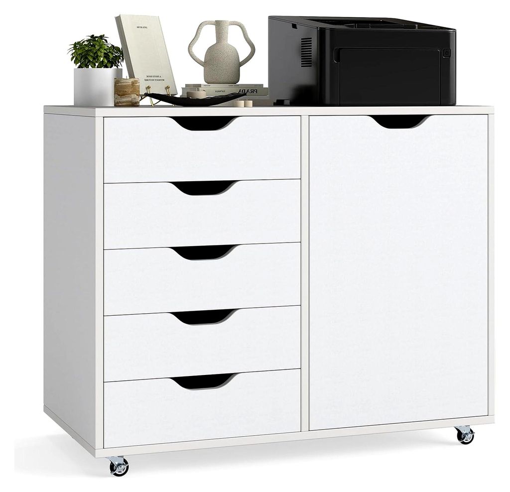 Rollcontainer mit 5 Schubladen und Schrank, Aktenschrank mit Rollen, Schubladenschrank aus Holz für unter den Schreibtisch, Druckertisch für Zuha...