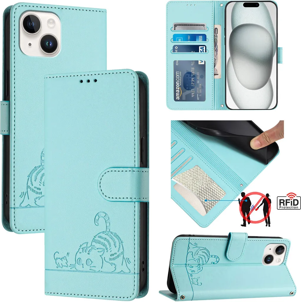 Custodia iPhone 13 Mini Pelle Verde Chiaro Gatto Flip Case Portafoglio