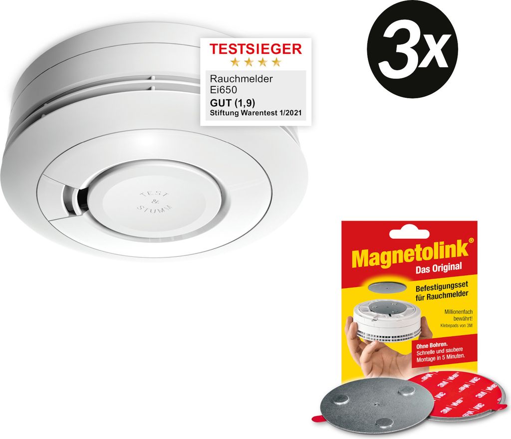 A white smoke detector is shown with marketing materials and a product accessory.
