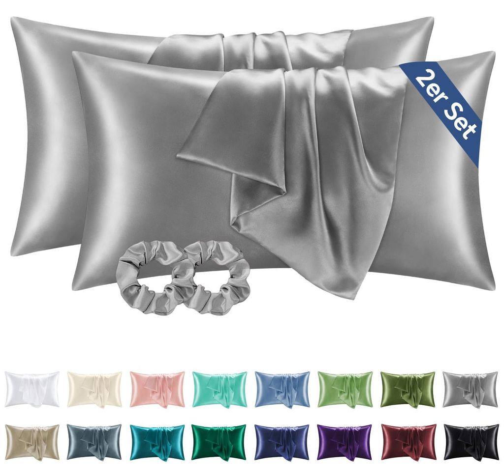 Alternative zu einem Seidenkissenbezug 40 x 80 cm grau - Satin-Kissenbezug 2er-Pack weich 40x80 cm Sommer mit 2 Haargummis für Haar und Haut, verg...