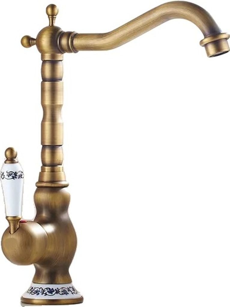 Rubinetto per lavabo, ottone antico, maniglia in ceramica, Immagine del prodotto 
