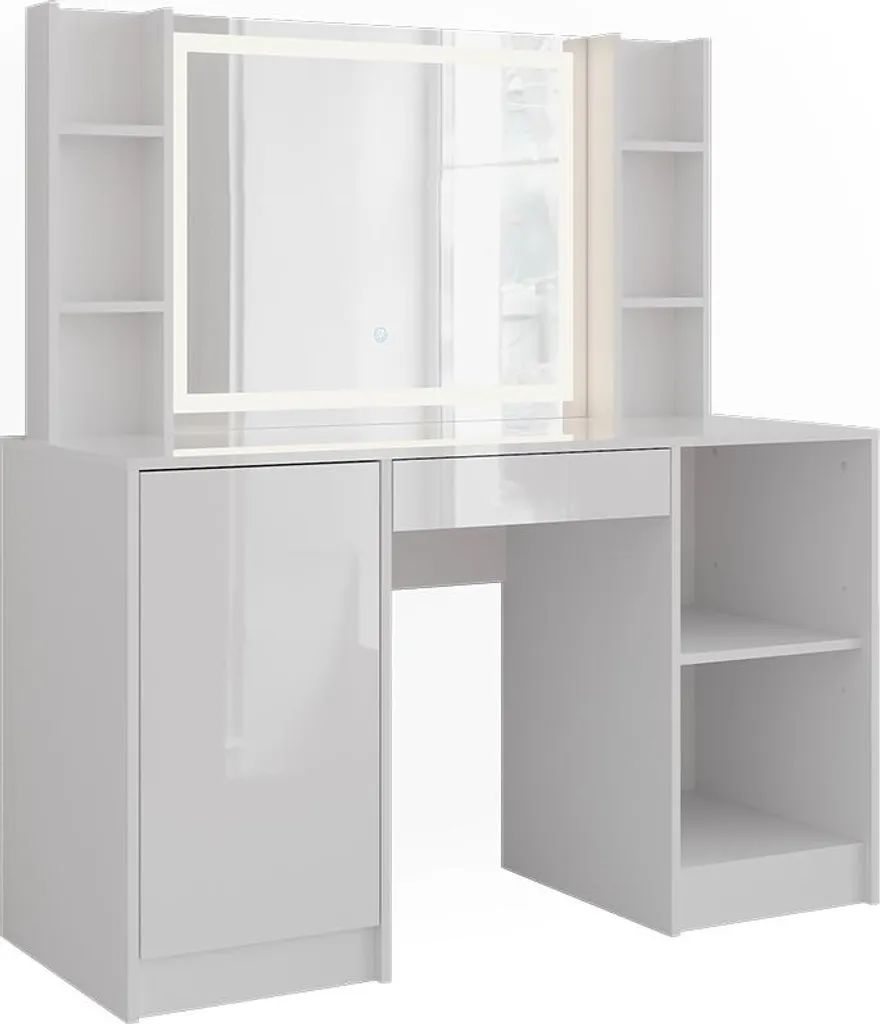 Coiffeuse Design 128.2cm Vicco Sherry Blanc Laqué avec 4 Espaces de Stockage