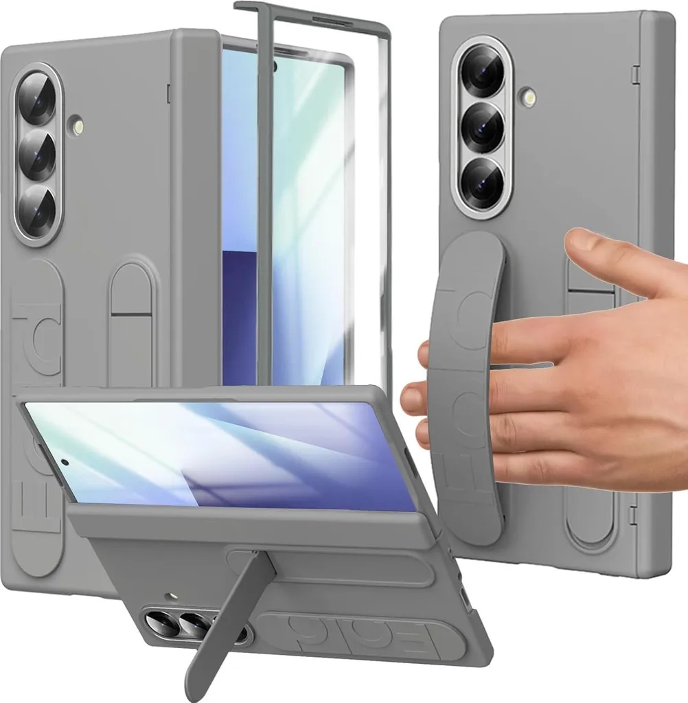 Custodia con cinturino per Samsung Galaxy Z Fold 7 con protezione dello schermo, supporto e cerniera integrati Grigio