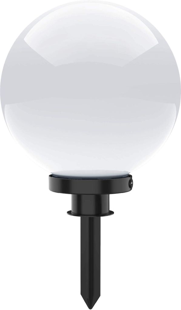 A white spherical garden light with a black stake.
