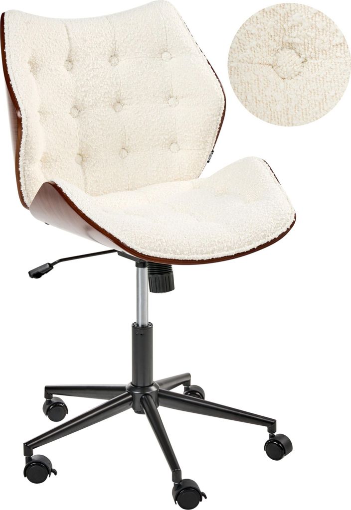 BELIANI Bürostuhl Cremeweiß Bouclé u. Holzoptik Höhenverstellbar Drehbar Bremsbare Rollen mit Metallfuß ohne Armlehnen Retro-Stil Homeoffice D...