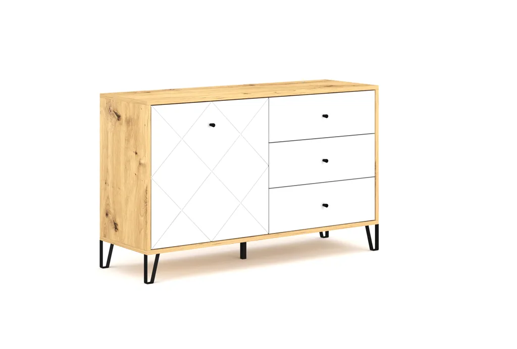 Buffet de salon BILBAO 123cm pour rangement vaisselle chêne et blanc