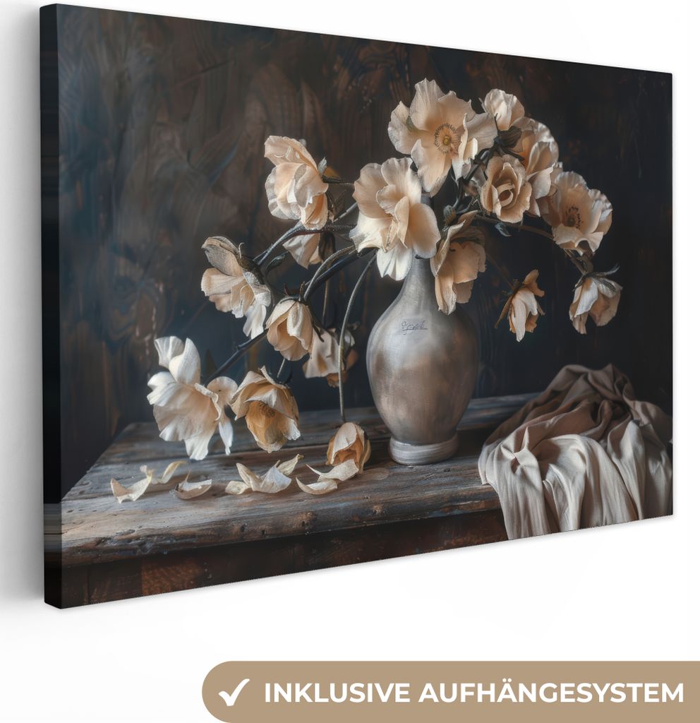 MuchoWow - Leinwandbilder - Blumen - Vase - Kunst - Stilleben, Wandbild, Wanddeko Bilder Wohnzimmer, 60x40 cm