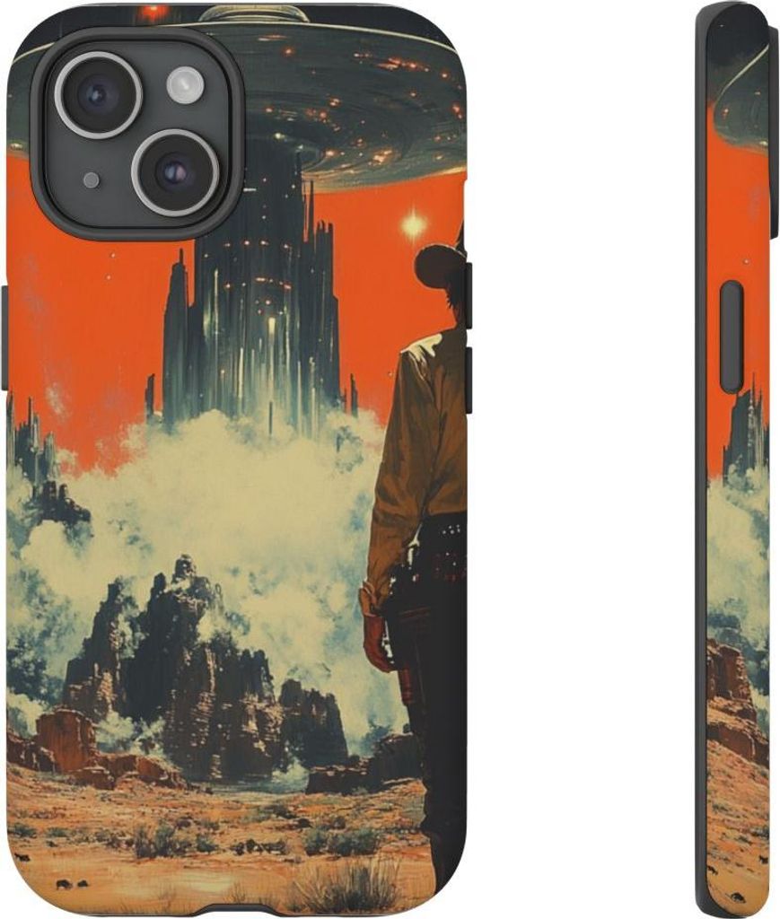 Cowboy vor futuristischer Alien-Struktur – Hülle Kompatibel mit iPhone 15