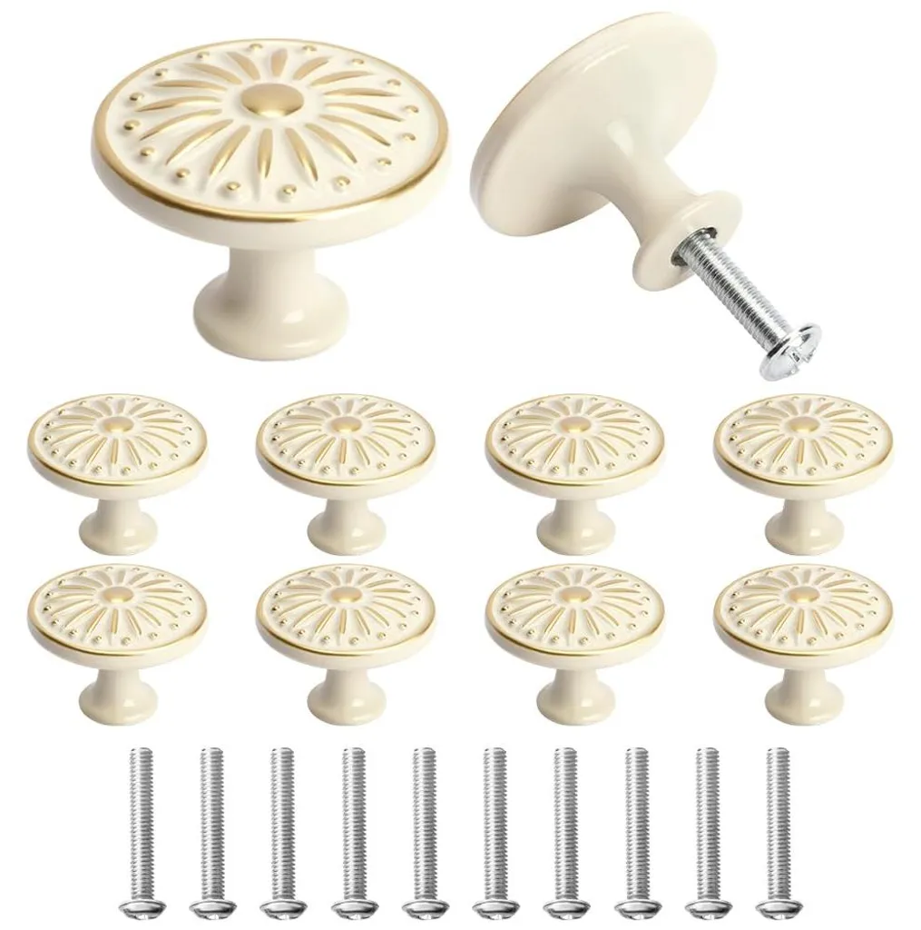 Lot de 10 Boutons de Meubles Ronds à Fleurs - Design Vintage en Blanc