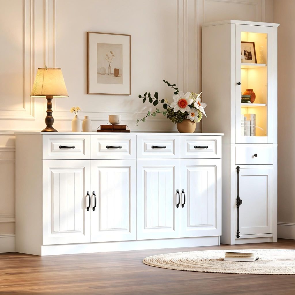 okwish 2er-Set Wohnzimmerschrank inklusive Sideboard und Hochschrank, mit LED und Schubladen, Viel Stauraum, Weiß
