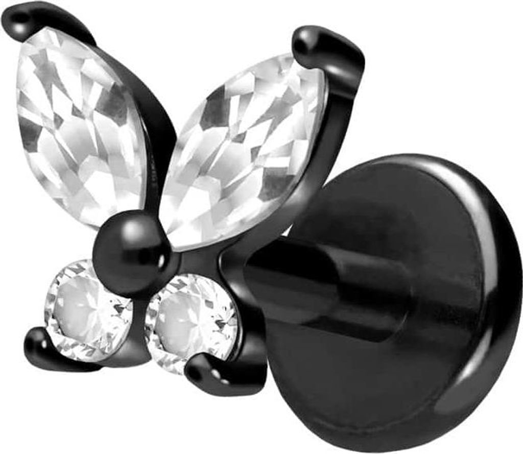 Ohrpiercing, Nasenpiercing Titan Labret mit Push Fit KRISTALLSCHMETTERLING Schwarz Stablänge: 5mm | Stabstärke: 1mm