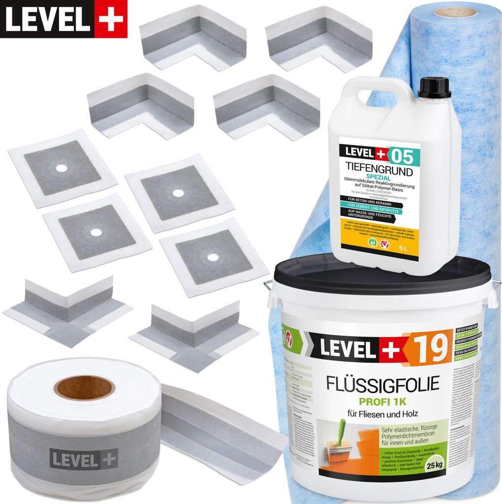 Dichtset Innen Außen Abdichtung-Set SET549 Dichtvlies Flüssigfolie 25Kg Auf Holz Fliesen OSB Wasserdicht Dichtband 120/70mm Ausdehnbar
