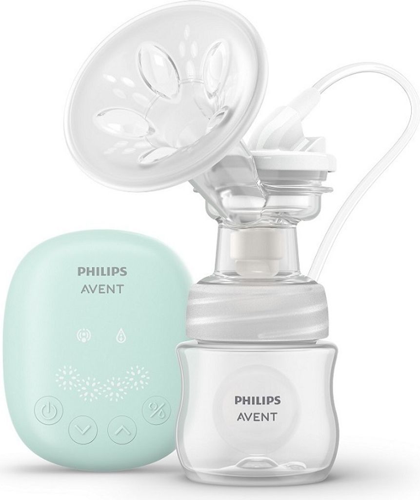 A Philips Avent electric breast pump with a bottle and control unit.