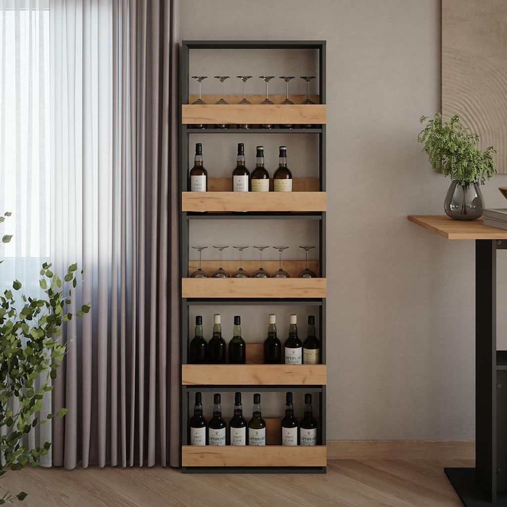 A tall, multi-shelf wine rack with bottles and glasses, placed indoors next to a window with curtains.
