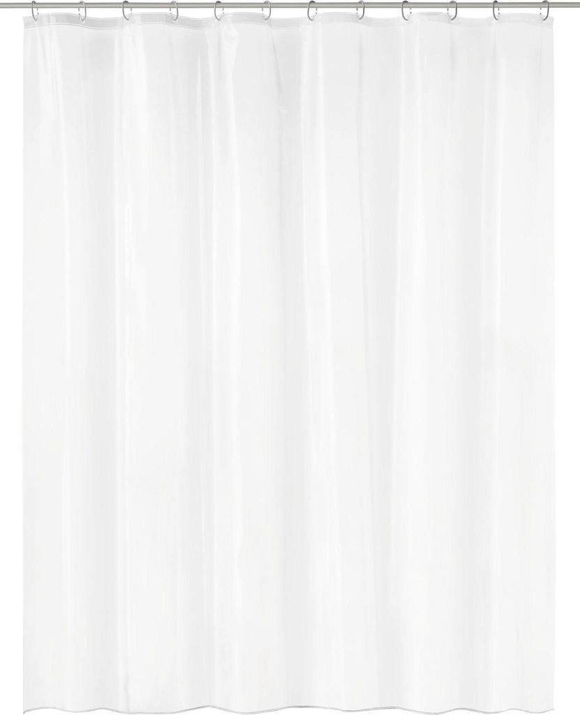 A white shower curtain hanging from a shower rod.