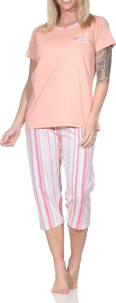 Normann Damen Schlafanzug kurzarm Pyjama mit Capri-Pyjamahose in Streifenoptik ; apricot , 36