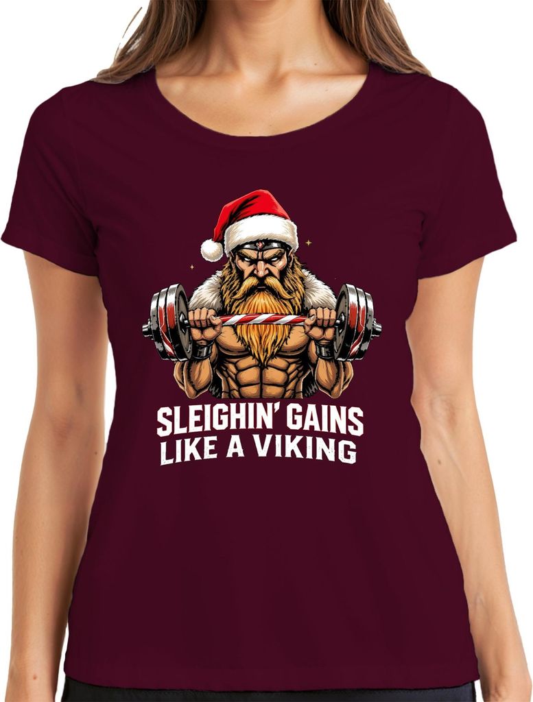 Sleighin' Gains Like A Viking Wikinger Weihnachtsmann Gym Fitness Damen T-Shirt, Burgundy, L