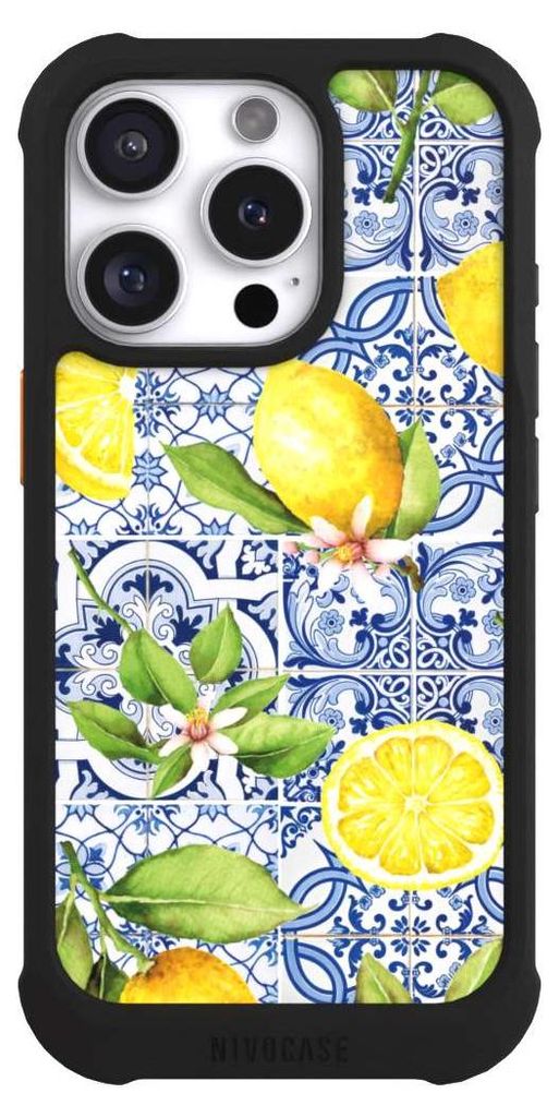 NIVOCASE Hülle für Apple iPhone 16 Pro Stoßfeste Handyhülle NIVOmax Case Schwarz Griechenland Muster Zitrone