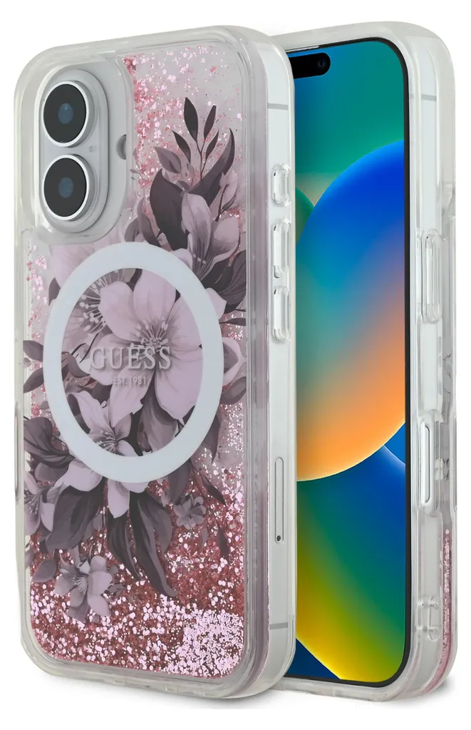 Custodia Guess Liquid Glitter Flower per iPhone 16 Rosa MagSafe - 3