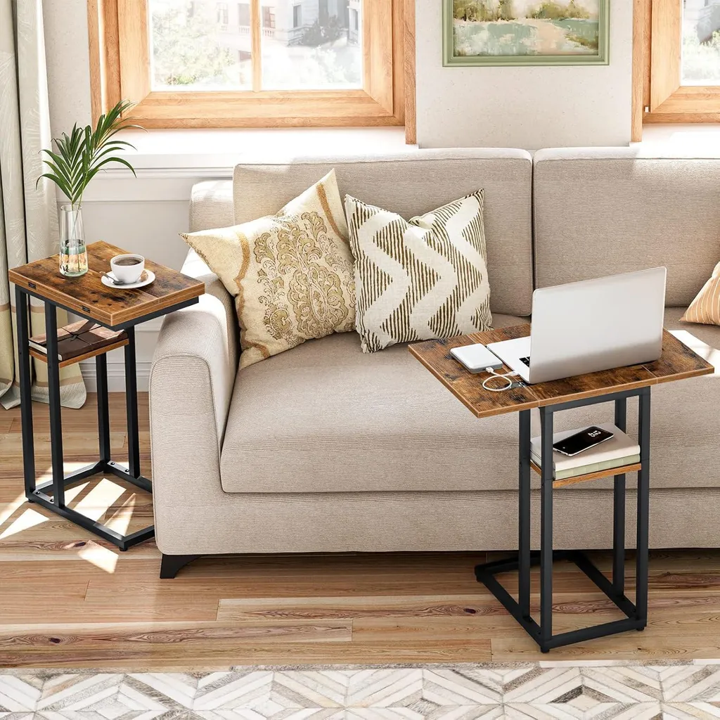Bout de canapé pliant Table d'appoint en C avec étagère de rangement bois
