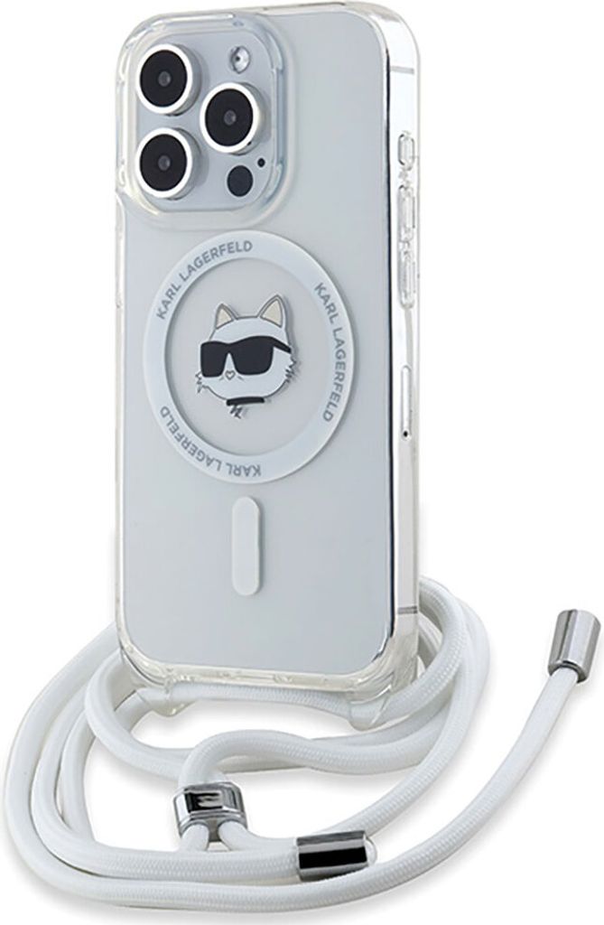 A transparent iPhone case with a Karl Lagerfeld Choupette Head design and a white cord strap.