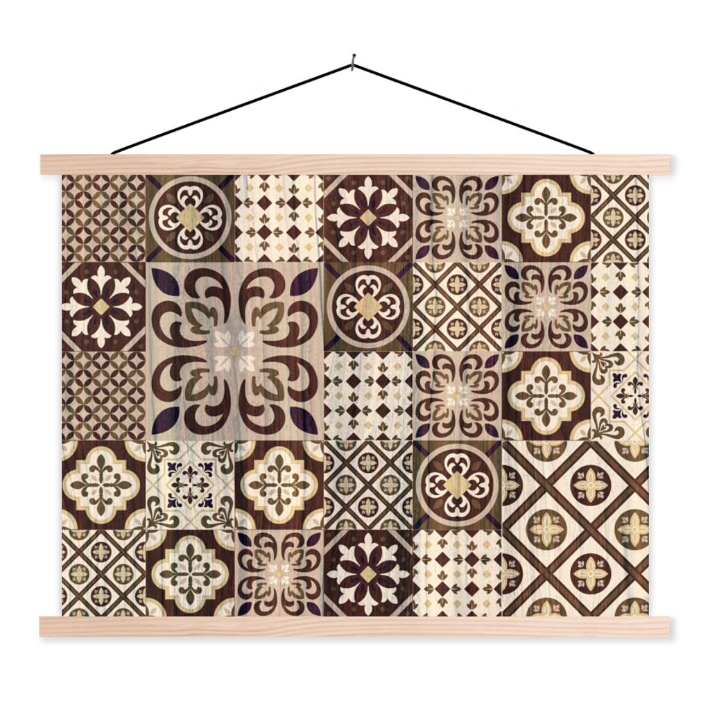 MuchoWow Textilposter Retro - Muster - Braun - Abstrakt 40x30 cm mit holzfarbenen Rahmen - Bilder