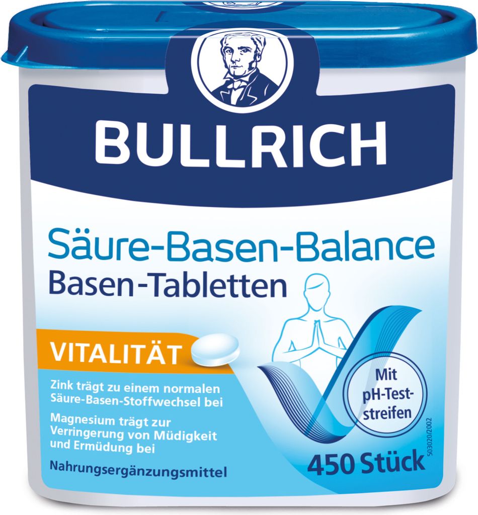 A product shot of a container of Bullrich Säure-Basen-Balance tablets.