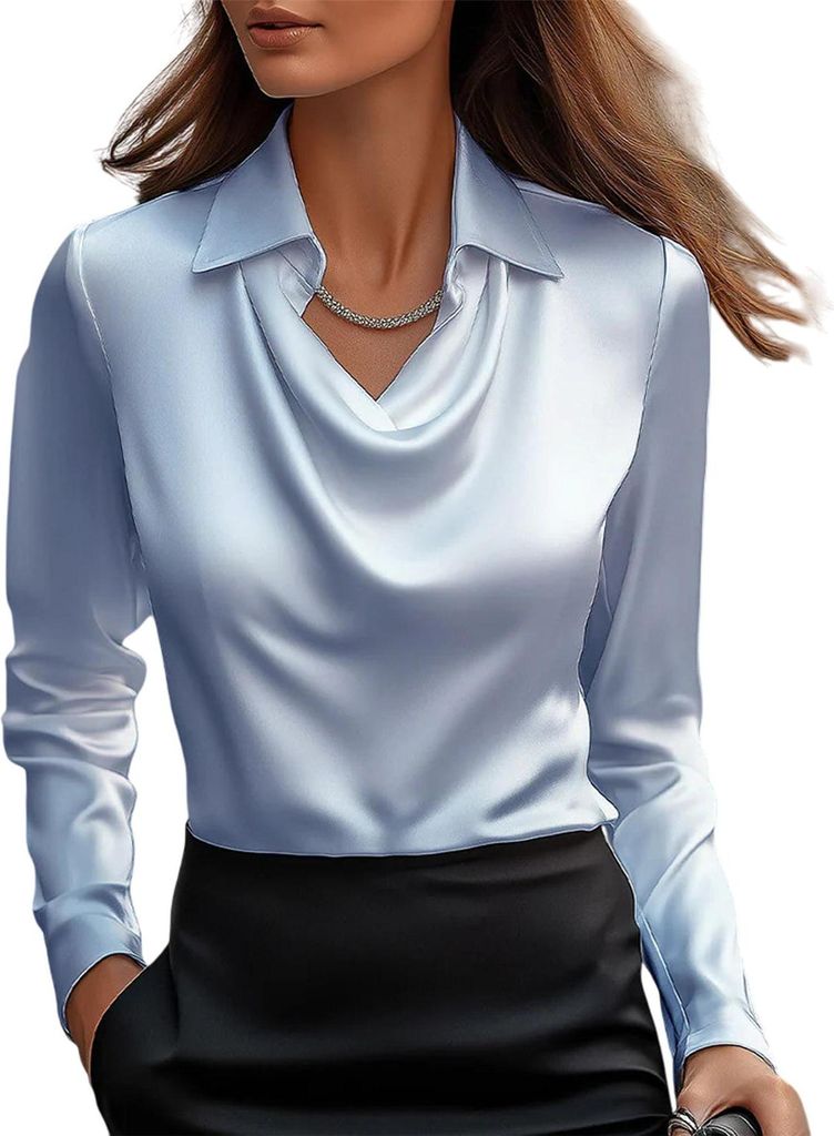 ASKSA Damen Satin Bluse Wasserfallkragen Elegante Oberteile Langarm Seide Hemdbluse Arbeitshemd Business Langarmshirt (Blau,L)