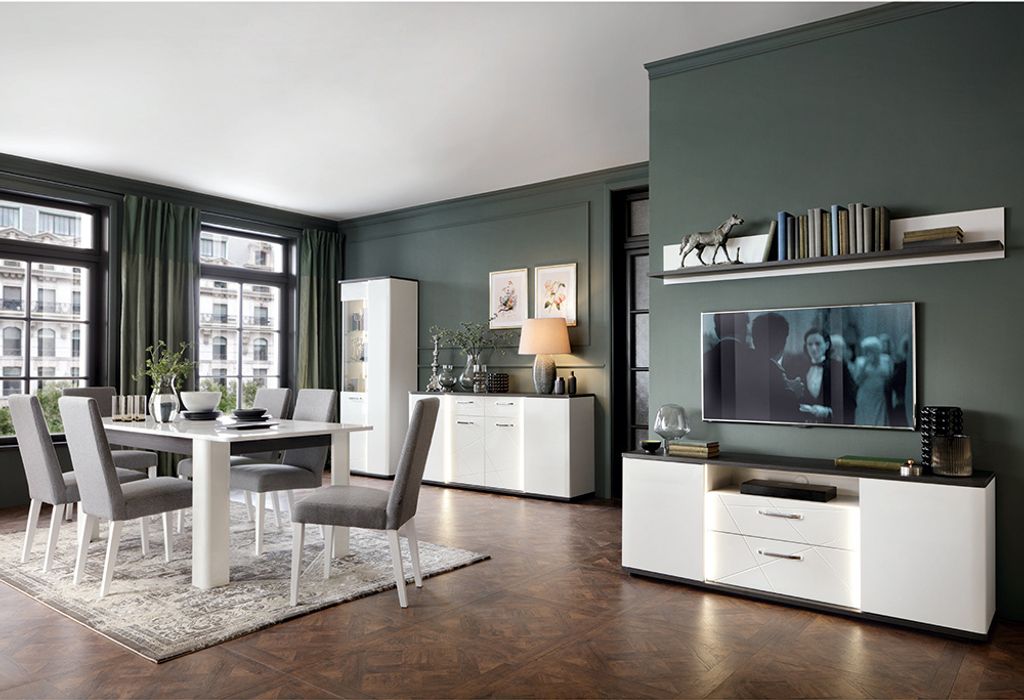 Wohn- & Esszimmer Set 5-teilig, mit ausziehbarem Esstisch, weiß Hochglanz mit Eiche schwarz, VISALIA-129