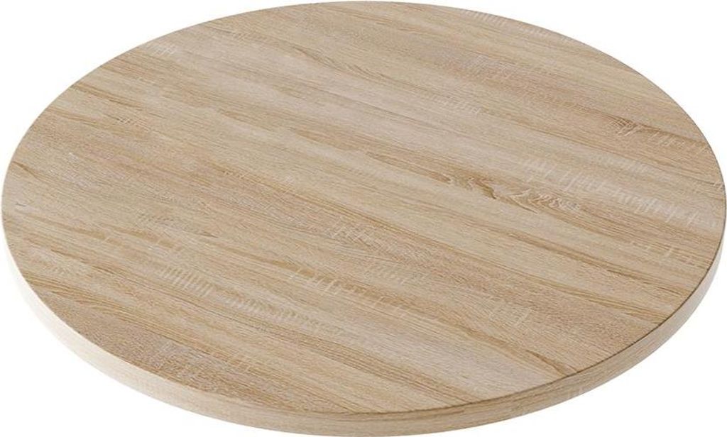A round wooden tabletop with a light wood grain pattern, shown from a slightly elevated angle against a white background.
