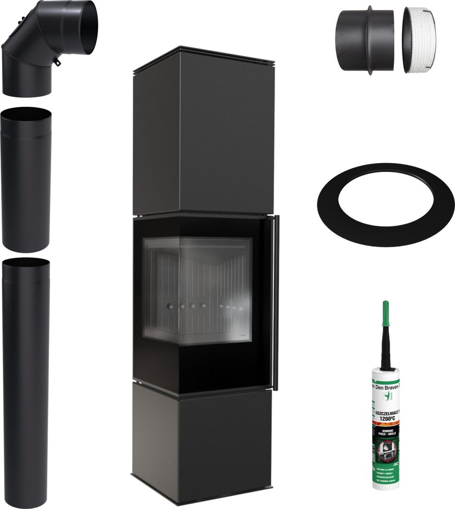 Freistehender Ofen KRATKI REN SCHWARZ L Links 7 kW Ø150 Montageset