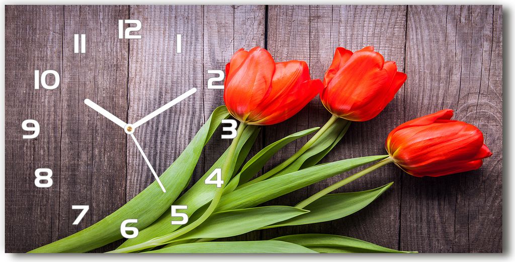 Wanduhr aus Glas – 60x30 cm - Glasbild - Glasuhr - Gehärtetes Glas - weisse-zeiger - rote Tulpen