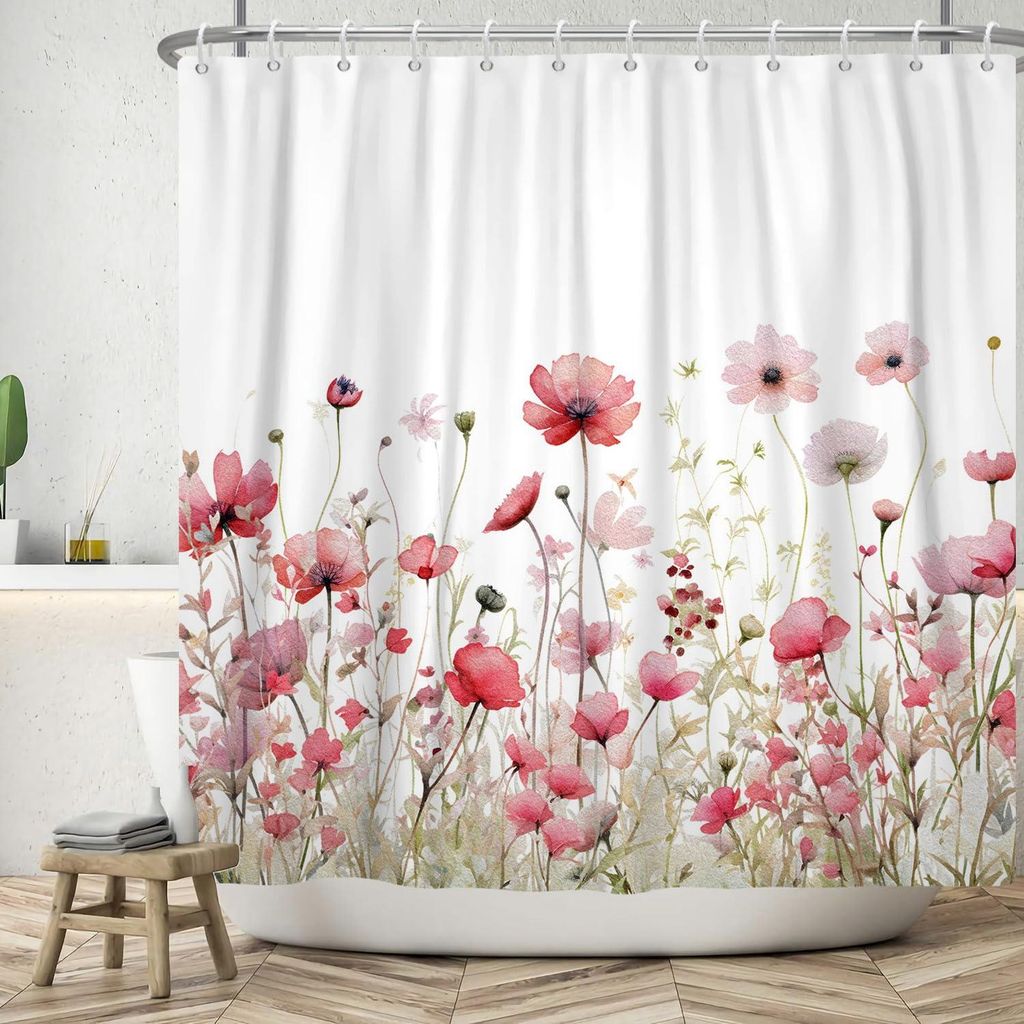 Duschvorhang mit Blumenmuster 180x200 cm, handbemalt mit roten Rosen, grünen Blättern und Weiß, waschbar, Polyester, wasserdicht, geeignet für ...