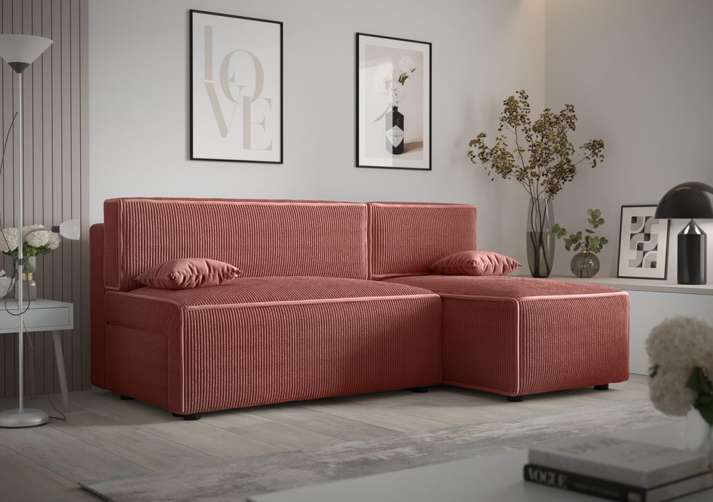 Ecksofa Alvito, Farbe: Rosa. Material: Kord. A: B: 212 cm,H: 85 cm, T: 105 cm, Eckcouch, Schlafcouch, Sofa bed, Schlafsofa