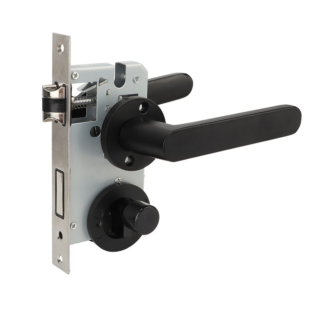 A close-up view of a black and silver door lock mechanism with a lever handle, set against a white background.