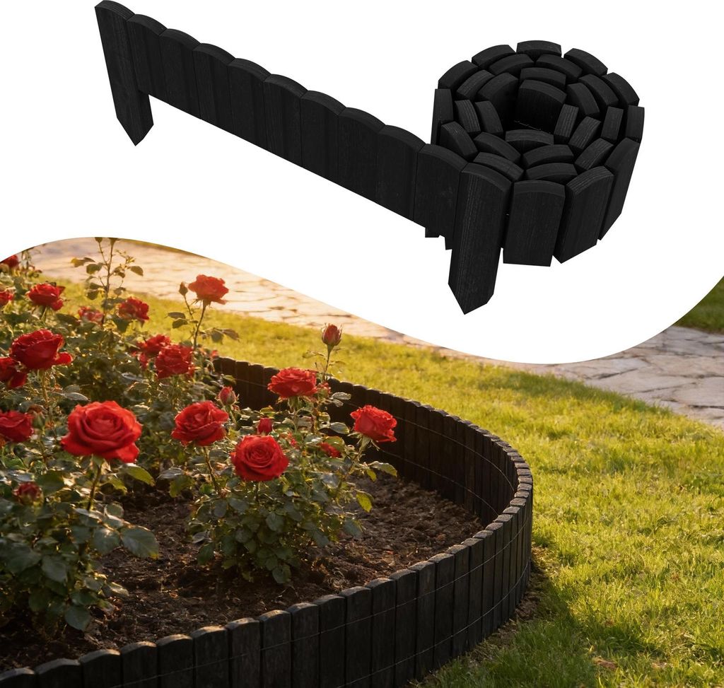 LARS360 Dekorativer Gartenzaun aus Holz 10 cm, Gesamtlänge 2 m, Anthrazit, flexibel biegbar mit Drahtkern, Beet- und Rasenabgrenzung, Holzoptik