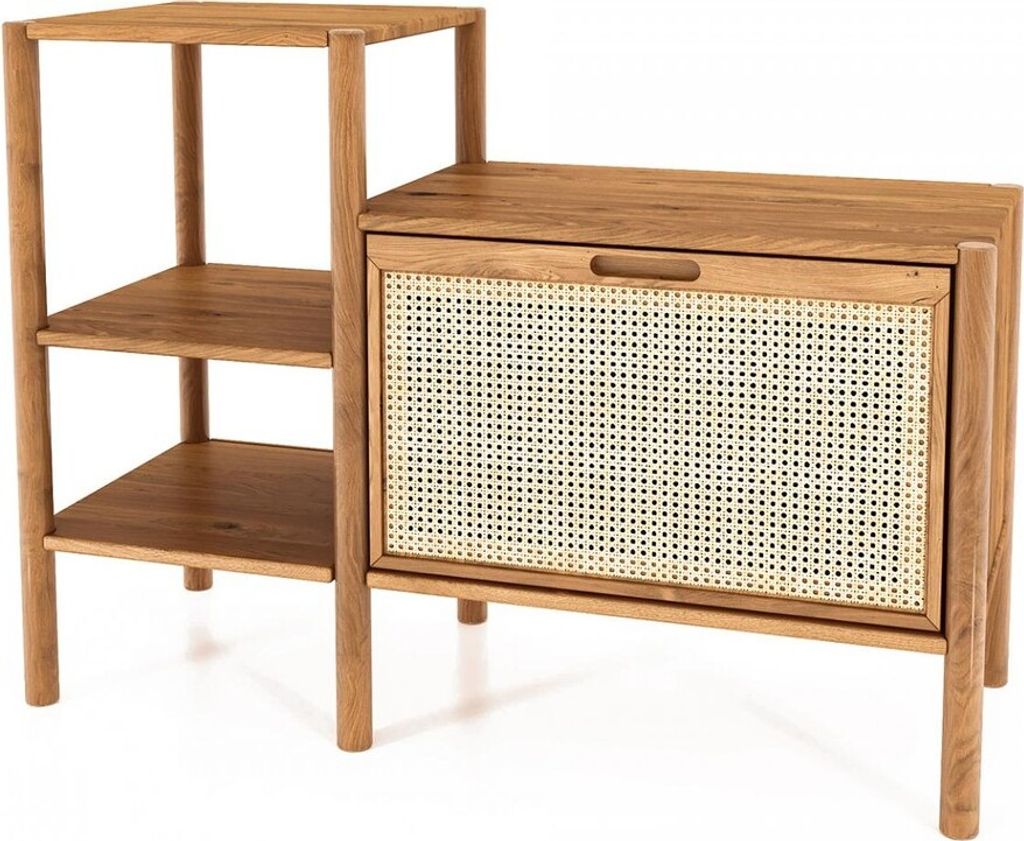 Bücherregal Zola Wildeiche massiv und Rattan 115x86 cm mit 1 Tür 2 offene Fächer