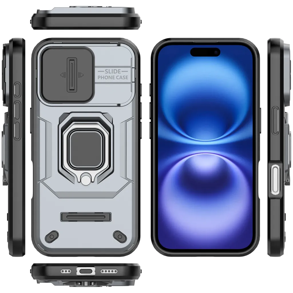 Cover Rugged iPhone 16 Plus Grigio: Doppio Strato con Stand e Slider Cam - 2