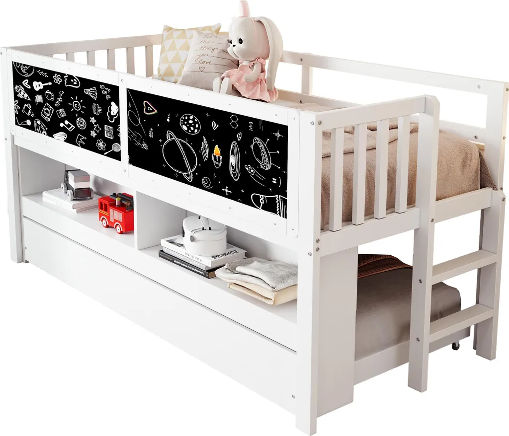 Lit Enfant Gain de Place en Bois Blanc avec Rangement et Zone de Dessin - 6