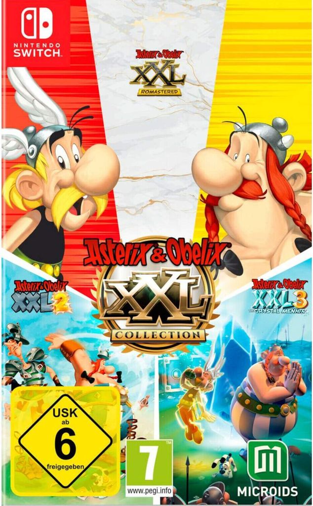 Collage of game cover art for Asterix & Obelix XXL Collection on Nintendo Switch, featuring characters and game logos.