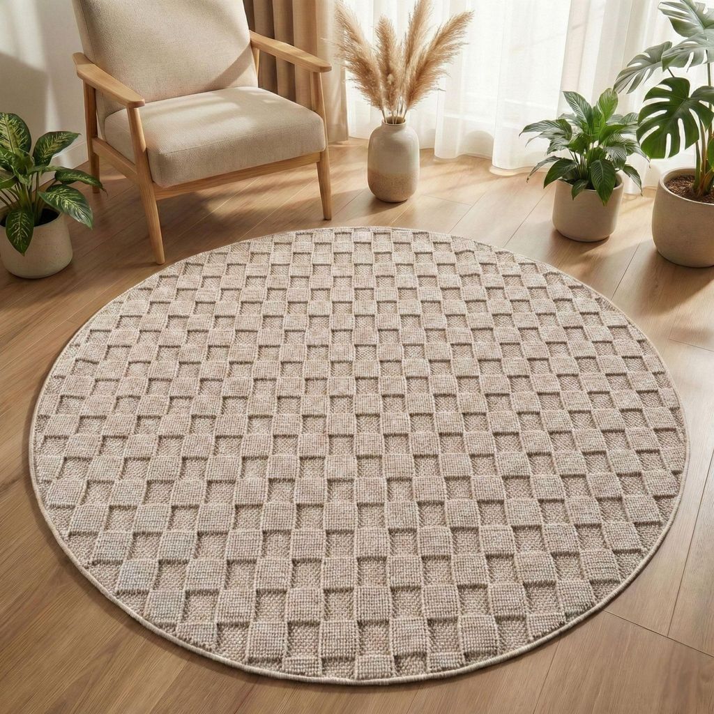 Carpetsale24 Teppich Wohnzimmer Bouclé Schlingenflor Skandi Stil Karo Design Robust Superweich für Schlafzimmer, Grösse: 160 cm Rund