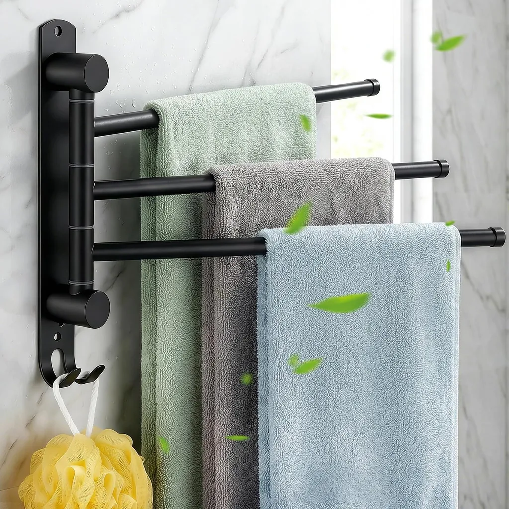 Barre de serviette triple pour salle de bain sans percer en inox noir