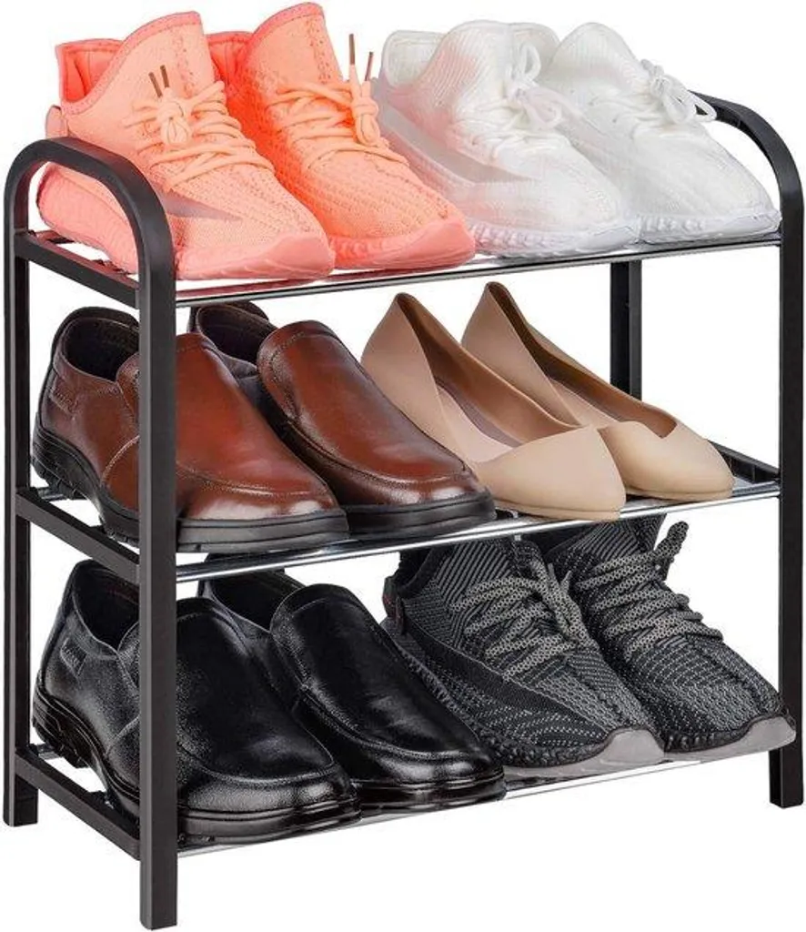 Étagère à chaussures 3 niveaux en métal noir compacte pour 6 paires