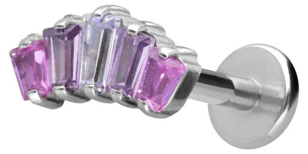 Ohrpiercing, Nasenpiercing Titan Labret mit Innengewinde 5 EINGEFASSTE KRISTALLRECHTECKE Silber Stablänge: 7mm | Stabstärke: 1,2mm