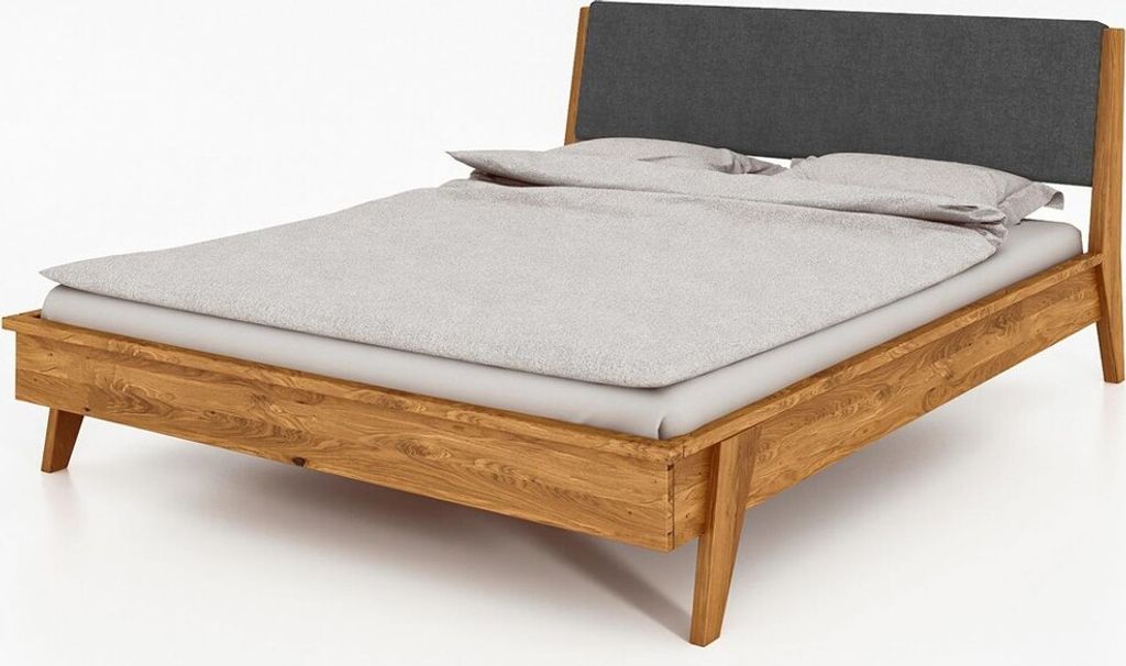 Bett Jetro 1 Sonderlänge 180x190 Wildeiche massiv Polsterkopfteil und Holzbeine
